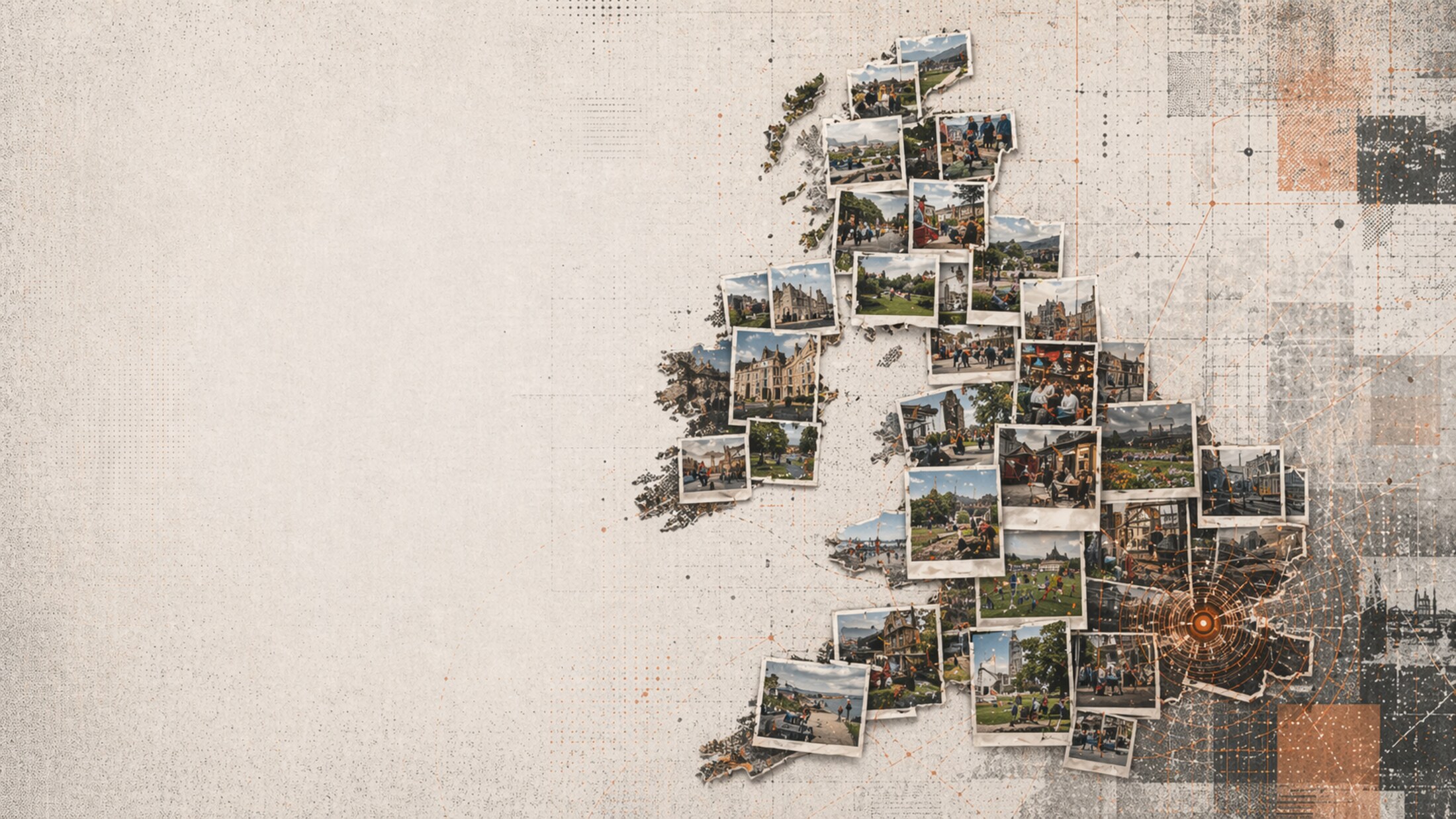 Collaged map of Britain with local place images, civic signal routes, and grainy archive texture.